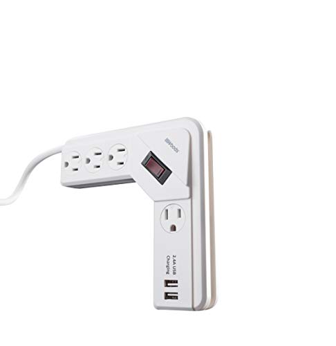 Woods 41379 L-Shaped Surge Protector with 4 Outlets, 2 USB Ports, 490J of Protection, 4 Foot Cord, White