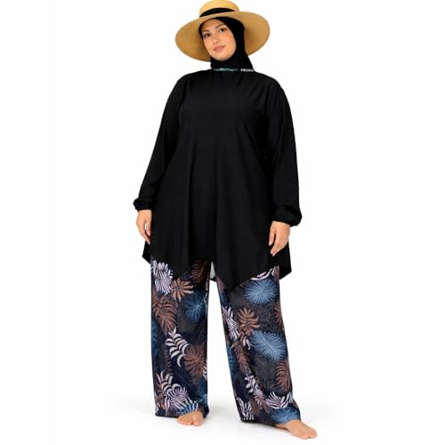 Burkini Femme Grande Taille – Maillot de Bain Modeste 4 Pièces avec Hijab – Tenue de Bain Islamique Haut Long Pantalon Large (FR/ES, Alpha/Lettres, 4TG, Grande Taille, Taille Normale, Noir)
