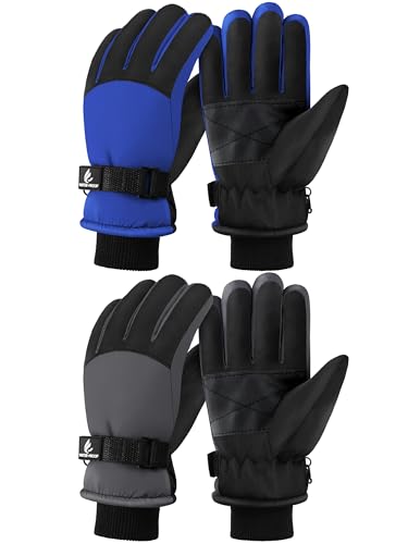 Wenouy 2 Pairs Kids Winter Gloves Waterproof Snow Ski Gloves for Boys Girls Warm Adjustable Accessories for Cold Weather Dark Blue, Dark Gray, 8-12 Years
