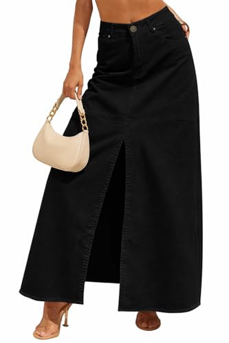 YUNDAI Women’s High Waist Denim Maxi Skirt with Pocket Front Slit Long Jean Skirt Casual Outfit