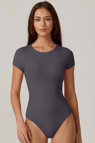 Image of QINSEN Women's Crew Neck Short Sleeve Bodysuit Double Lined Body Suits Basic T-shirt Tops