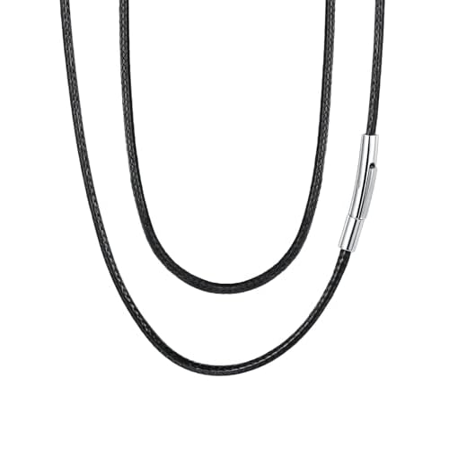 FaithHeart Braided Leather 2MM/3MM Necklace Cord for Men with Stainless Steel Snap Clasp, Waterproof Woven Wax Rope Chain for Pendant with Delicate Gift Box Length 16 Inches 01. Black 2MM Wi