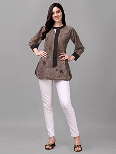 Image of Gufrina Women's Georgette Apple Cut Short Kurti with Long Puff Sleeves Western Style Keyhole Neck Solid Pattern Regular Fit and Mid Thigh Length
