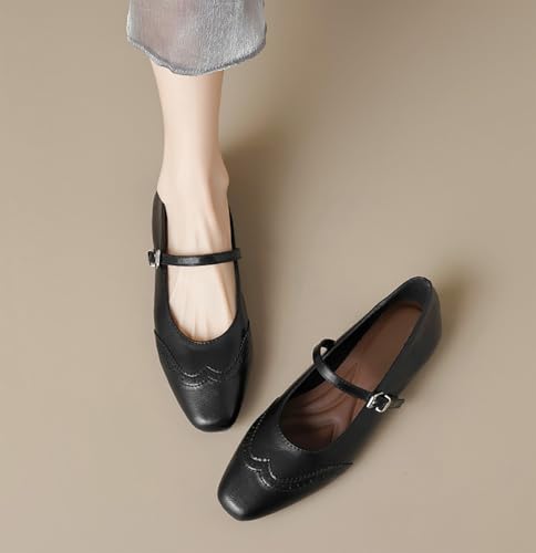 Women's Square Toe Flat Wingtip Mary Jane Shoes Comfortable Slip On Adjustable Strap Carved Brogue Soft Sole Ballet Flat Shoes for Dress Party Causal Work2