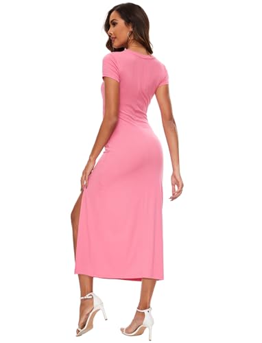 Image of NOVANDO Casual Short Sleeve Ruched Cotton Bodycon Midi Dress for Women 2024 Summer Crew Neck Party Club T Shirt Dress