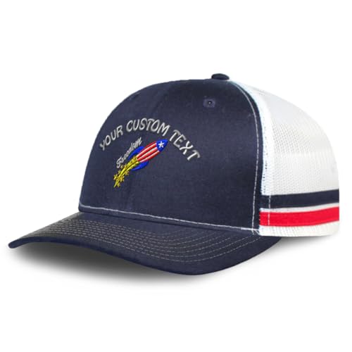 Custom Mesh Cap Hat Embroidered USA Freedom Rocket America Patriot Trucker Hats for Men & Women Cotton Navy White Stripes Personalized Text Here