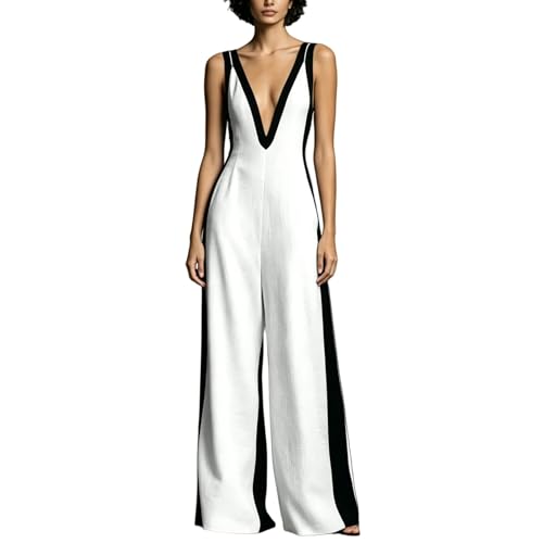 Overol elegante para mujer con cuello en V profundo blanco talla L