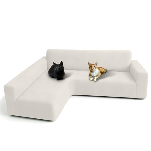 FOCARIS Home Funda Sofa Chaise Longue Protector Ajustable y Repelente al Agua Funda Brazo Largo Izquierdo Blanco Roto (Long. máx. 280 cm) Acolchado 1 Pieza Cubre Sofa Packaging presentación Regalo
