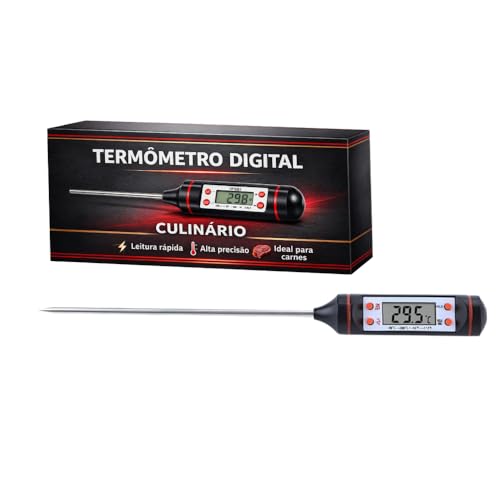 Termômetro Digital Culinário para Cozinha e Medição Rápida e Precisa, Ideal para Carnes, Churrasco, Líquidos e Alimentos, Display Fácil de Ler,Alta Precisão, Em Aço Inox, Uso Doméstico e Profissional.