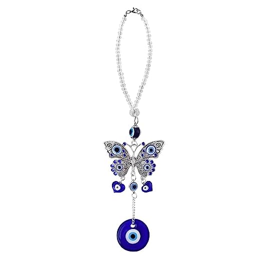 Cobee Adorno para Colgar en el Coche con diseño de Mal de Ojo Azul para Espejo retrovisor de Coche con Cuentas de Mal de Ojo Dije de Amuleto de Coche para protección y bendición(Mariposa Mal de Ojo)