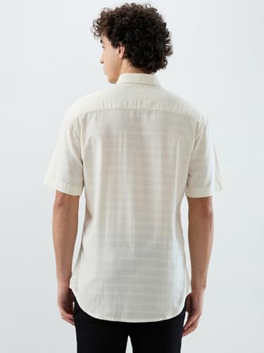 Image of Park Avenue Men Slim Fit Stripe Pattern Cotton Modal Blend Resort Collar Half Sleeve Casual Shirt