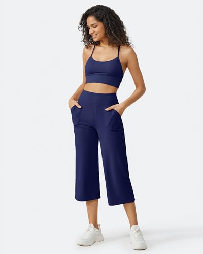 Image of G4Free Capri Pants for Women Wide Leg Yoga Dress Cropped Pants Capri Leggings with Pockets for Casual Summer