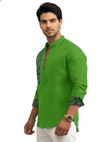 Image of Amazon Brand - INKAST Men's Cotton Blend Mandarin Collar Self One Design Full Sleeve Casual Short Kurta