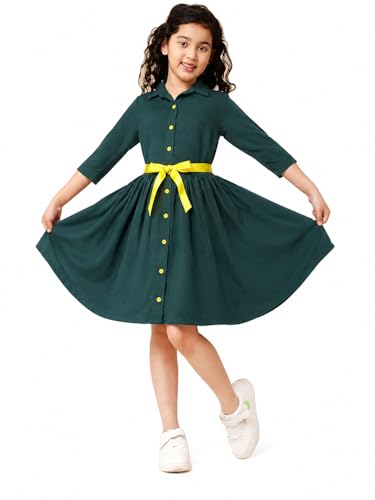 Image of A.T.U.N. (ALL THINGS UBER NICE) Girls 100% Cotton Shirt Dress with Belt | Solid Button-Down Dress with Collar Neck | Soft Breathable Kids Outfit for Girls