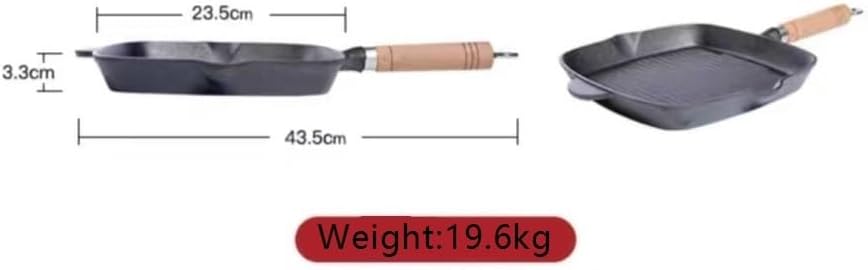 Cast iron skillet with single wood handle, steak skillet grill pan, square BBQ grill pan, steak frying skillet, frying pan, grill skillet, for indoor and outdoor grilling.