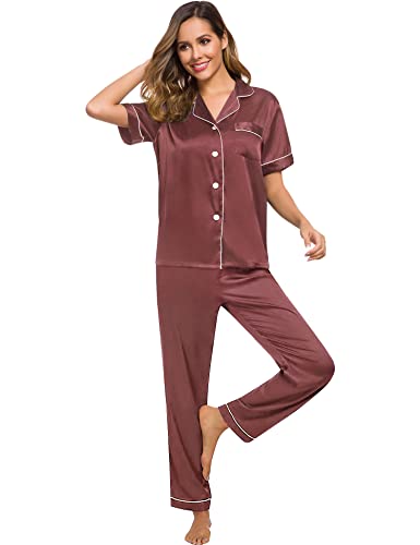 Image of SWOMOG Women Satin Pajamas Set Short Sleeve Top & Pants Sleepwear Silky Button Down Nightwear 2pcs Loungewear Pjs Set Nostalgia Rose Small