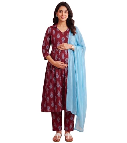Image of DUMMY SHAPE Maternity Dresses for Women Cotton Rayon | Floral Kurta Pant Dupatta Set with Nursing Zippers to Pre & Post Partum | Feeding Kurtis | Mom to Be Gifts for Pregnant Woman