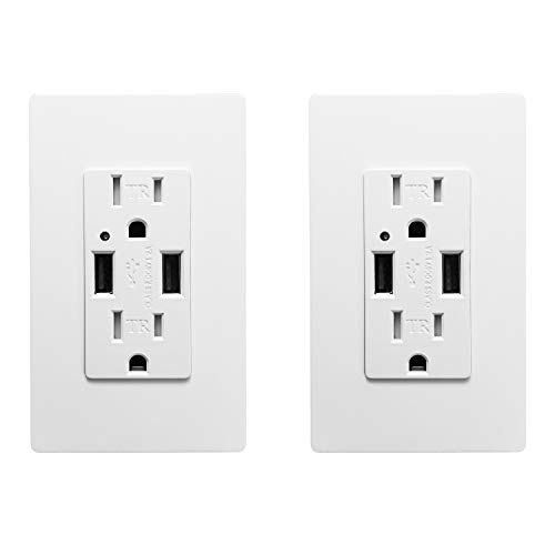 SECKATECH High Speed Dual USB Charger Outlet, 15A TR Receptacle, Electrical Outlet with USB, Includes 2 White Wall Plates, for iPhone, Samsung Galaxy and more, UL Listed (2 PACK)…