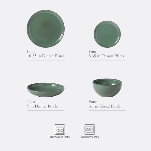 Image of Gibson Elite Beckett Stoneware Matte Reactive Glaze 16 Piece (Service for 4) Plates and Bowls Dinnerware Set - Green