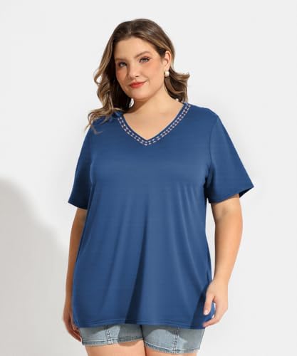 Image of RITERA Women Plus Size Tops Tie Dye V Neck Shirt Floral Camo Summer Short Sleeve Tunic Oversized Ladies Blouse XL-5XL