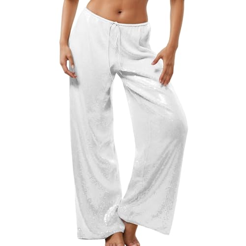 Generisch Pantalones de lentejuelas brillantes para mujer, pantalones de pernera ancha, cintura alta, informales, para discoteca, baile, carnaval, pantalones chinos, Blanco, L