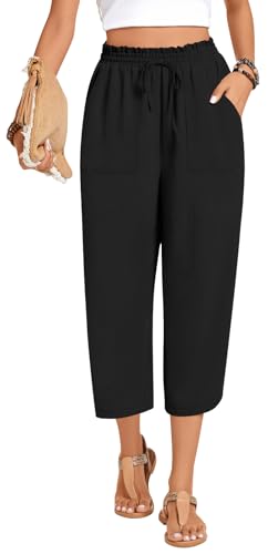 Anyhold Womens High Waist Wide Leg Capri Pants Adjustable Drawstring Loose Fit Summer Beach Pants Pockets
