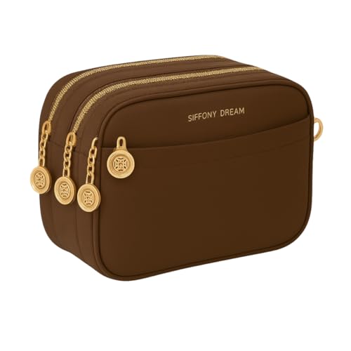 Bolsa Feminina Tiracolo Pequena 3 Zíperes Couro Sintético QUBCCUM (Marrom Escuro)