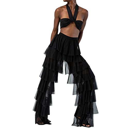 Women Layered Ruffle Tulle Pants High Waist Wide Leg Long Trousers Sheer Mesh Tiered Party Pants3