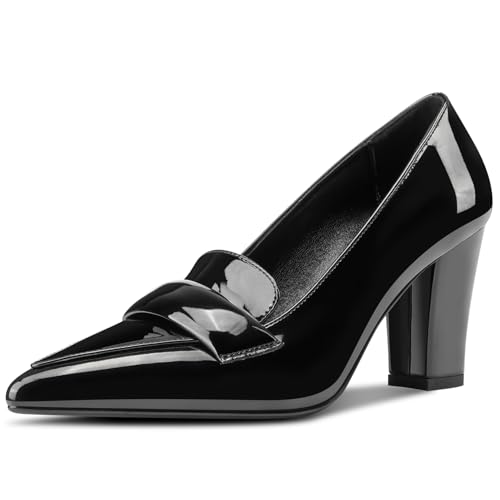 HDEUOLM Womens Block Heel Loafer Pumps Pointed Toe Pumps Slip-on Casual Dress Patent Leather 3.2 Inches Heels
