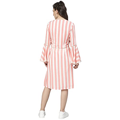 Image of DEEBACO Women's A Line /Fit & Flare Knee Length Dresses for Women Bell Sleeve Printed Striped Dress Midi for Girls Western Lace Dresses (Pink, Blue, Green, Yellow)