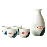 Set di saké in ceramica di loto di pesce d'oro dipinto a mano, porcellana giapponese Sake Ware per Sake freddo caldo, tè, vino, scatola regalo di riscaldamento,White