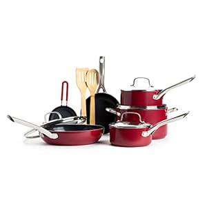 Textured Ceramic Nonstick, 12 Piece Cookware Pots and Pans Set with Stainless Steel Handles, PFAS PFOA & PTFE Free, Dishwasher Safe, Oven & Broiler Safe to 600 Degrees, Red