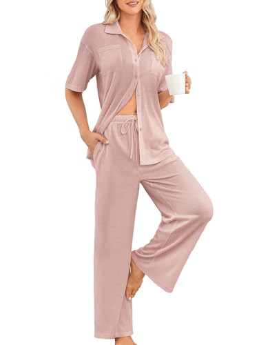 Image of Kikibell Womens Pajama Sets 2 Piece Outfits Lounge Pjs Waffle Knit Sleepwear Button Down Shirts Wide Leg Pants with Pockets