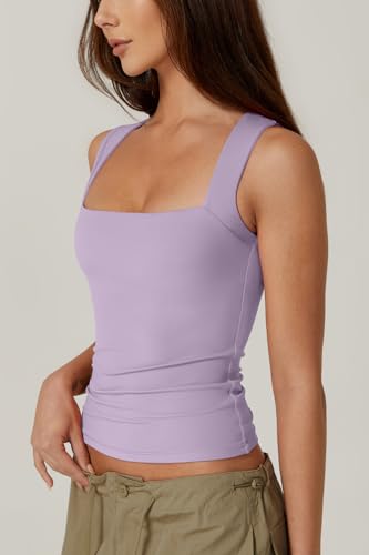 Image of QINSEN Women's Square Neck Sleeveless Double-Layer Tank Tops Basic Tight T Shirts