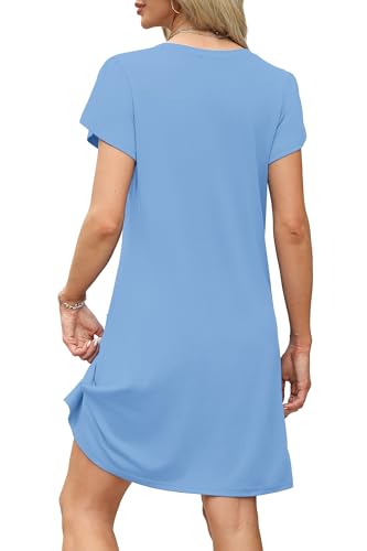 Image of OFEEFAN Womens Summer Dresses 2026 Tulip Petal Short Sleeve V Neck Loose Swing Sundresses with Pockets Plain /Print