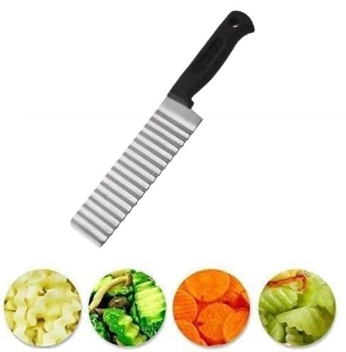 Vortipu Stainless Steel Wavy Blade Crinkle Cutter Knife – Vegetable & Potato Chip Slicer with Durable Nylon Handle – French Fry Cutter, Fruit, Salad, and Garnish Making Tool for Kitchen (Knife Black)