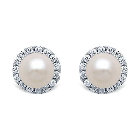 Jewelili Sterling Silver 4 MM Round Pearl and Round Cubic Zirconia Halo Stud Earrings Cover