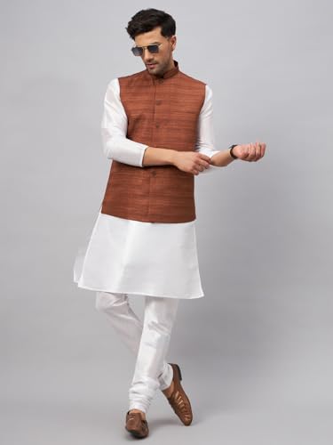 Image of VASTRAMAY Men's Matka Silk Nehru Jacket Kurta Pyjama Set - Textured Silk Blend Ethnic Wear for Eid, Weddings & Festive Occasions