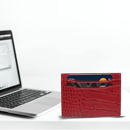 Image of KARA Unisex Embossed Leather Card Holder Red Slim Credit /Debit Cardholder - ATM Card Cover Case wtih 5 Card Holder Slots