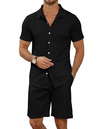 Image of MLANM Men's 2 Piece Loose Button Down Shirt & Shorts Set Black S