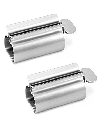 QWORK 2 Pieces Toothpaste Squeezer, Tube Squeezer, 304 Stainless Steel Toothpaste Holder with Stand, Saves Toothpaste