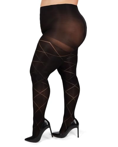 MeMoi Plus Size Diamond Opaque Curvy Tights, Comfortable Control Top Tights for Women - Sizes 1X-7X, Black