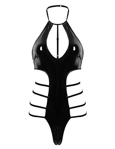 ranrann Biancheria di Cuoio Monokini SGAMBATO Wetlook Body Sexy Donna Hot per Sesso Aperto con Harness Pelle PVC Imbracatura di Vita Latex Lingerie Siamese Bondagerie Nero L