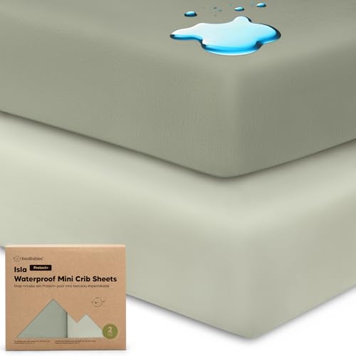 Image of 2-Pack Waterproof Pack and Play Sheets, Mini Crib Sheets Fitted for Boy, Girl - 38 x 26 Viscose from Bamboo Pack N Play Mattress Sheets for Graco, Toddler Playard Baby Crib Sheets Neutral (Lichen)