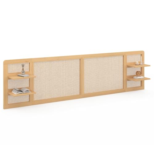 IDMarket - Tête de lit Suspendue EDHEN 240 cm cannage et Bois avec étagères