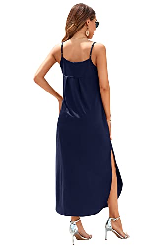 Image of HUSKARY Women's Summer Casual Sleeveless V Neck Strappy Split Loose Dress Beach Cover Up Long Cami Maxi Dresses with Pocket