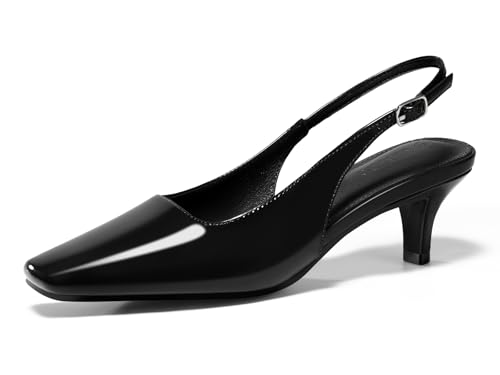 Coutgo Womens Kitten Low Heels Slingback Pumps Squared Point Toe Buckle Strap Wedding Party Dress Shoes
