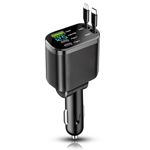 Cargador Coche Carga Rápida 30W+100W Cable, Retráctil Cargador Coche Carga Rápida con 5 Puertos de Carga Adaptador de Encendedor con Interruptor de Voltímetro LED
