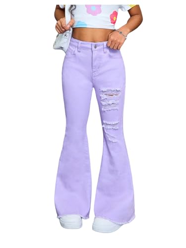 Verdusa Girl's Ribbed Flare Jeans Streetwear Long Denim Pants with Pockets