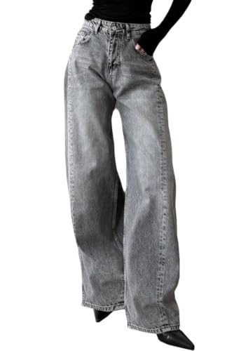 Image of Women's Straight Leg Jeans High Waisted Wide Leg Stretchy Baggy Denim Pants